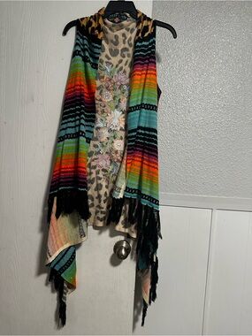 Crazy Train Boho Fringe Multi-Color Striped Vest with Leopard/Floral Embroidery